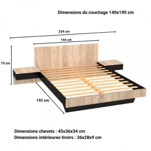 mode pas cher Le Quai Des Affaires Lit COOL 140×190 Cm + 2 Chevets + Sommier / Noir & Chêne Blanchi 13