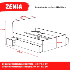 Le Quai Des Affaires Lit Double ZENIA 140×190 + 2 Chevets + 2 Tiroirs / Chêne Blanchi & No… économies garanties 13