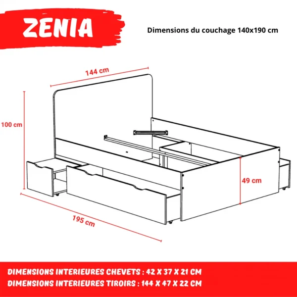 Le Quai Des Affaires Lit Double ZENIA 140×190 + 2 Chevets + 2 Tiroirs / Chêne Blanchi & No… économies garanties 5