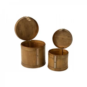 Dansmamaison Set De 2 Coffre Rond Bois Beige – L 27 X L 25,5 X H 26 Cm dernières 9